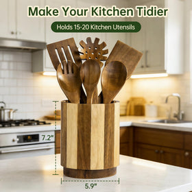 Fyctio acacia wood utensil holder with non-slip base for stability.