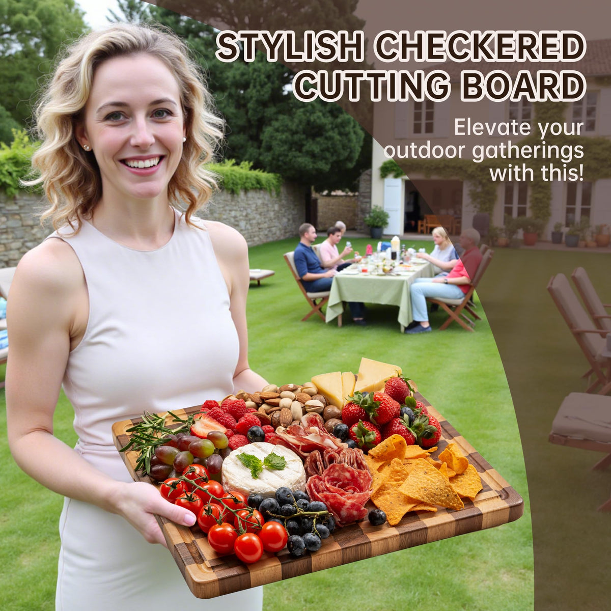 Fyctio checkered cutting board—charcuterie serving and chic presentation.