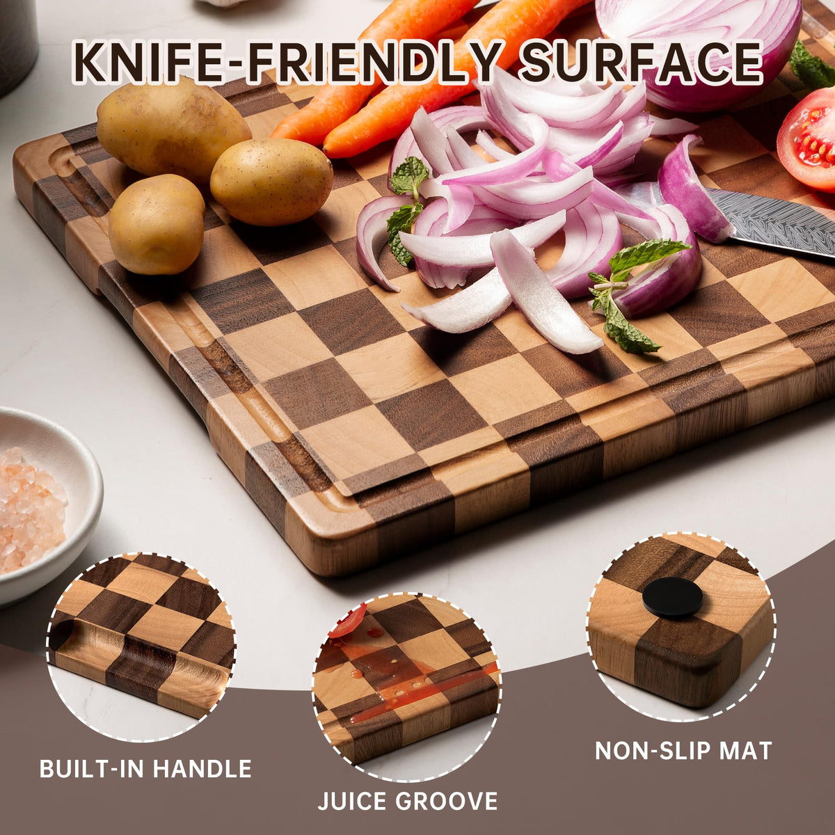 Fyctio checkered cutting board—small top view, compact for snack prep.