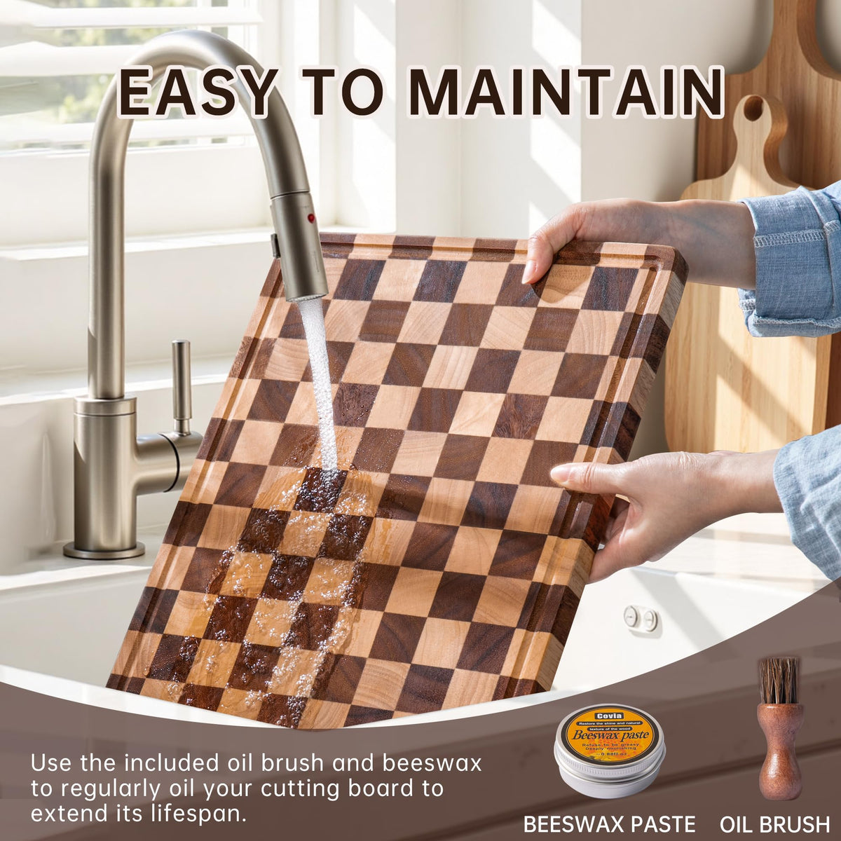 Fyctio checkered cutting board—close-up woodgrain, durable hardwood look.