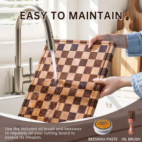 Fyctio checkered cutting board—close-up woodgrain, durable hardwood look.
