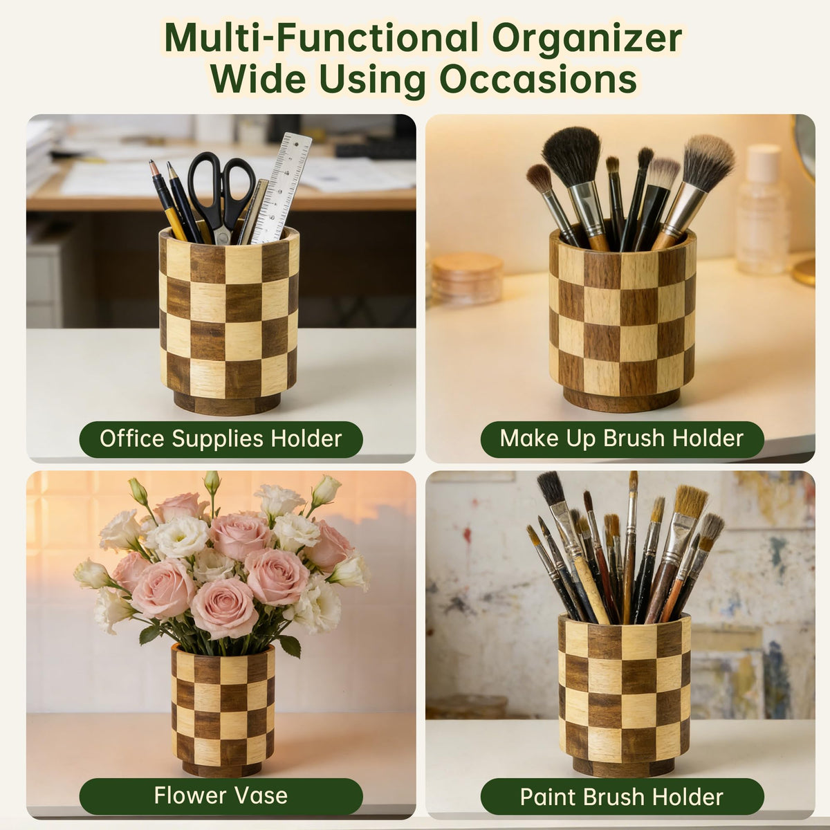 Fyctio checkered design accented utensil holder enhances kitchen style and organization.