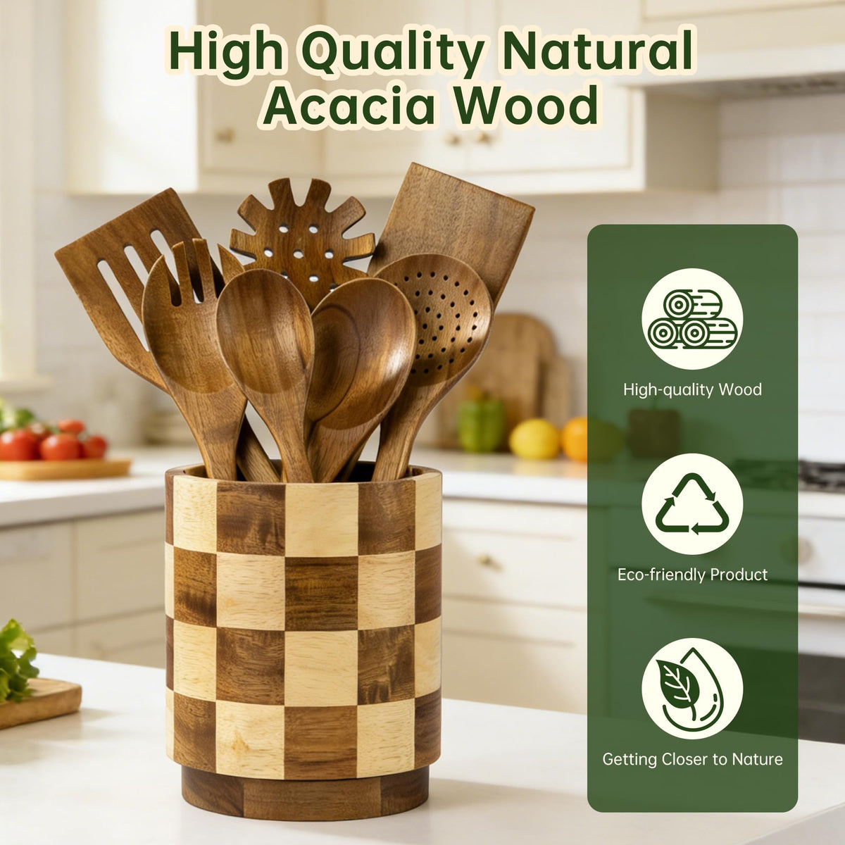 Fyctio farmhouse kitchen decor in natural acacia wood adds warm, rustic charm.