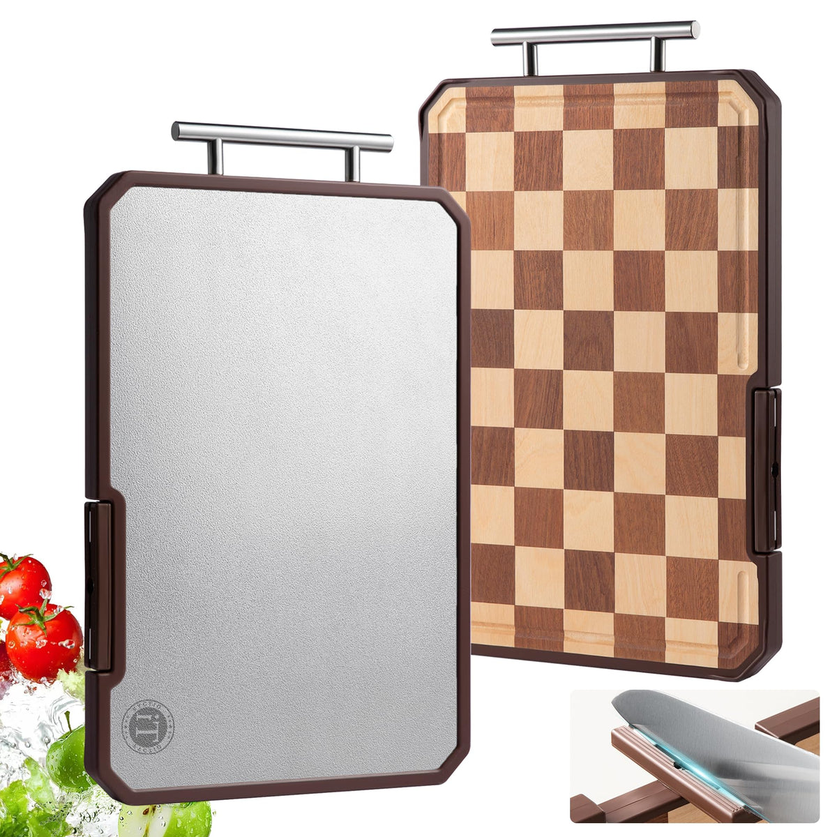 Fyctio titanium cutting board with dual surface for safe raw meat and produce
