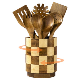 Fyctio wooden utensil holder with 360° rotation for quick access while cooking.