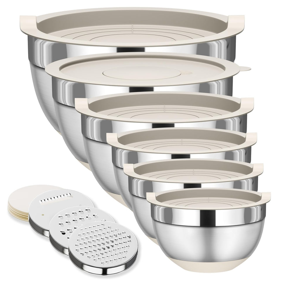 Fyrnova six-piece mixing bowls set with lids for organized, versatile cooking tasks.