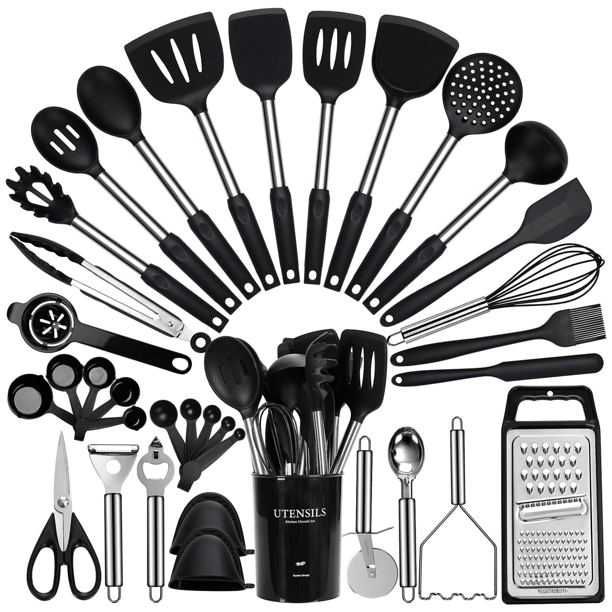 Fyvva 35pc silicone utensils set for versatile cooking on non-stick pans.