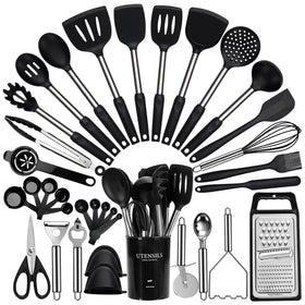 Fyvva 35pc silicone utensils set for versatile cooking on non-stick pans.
