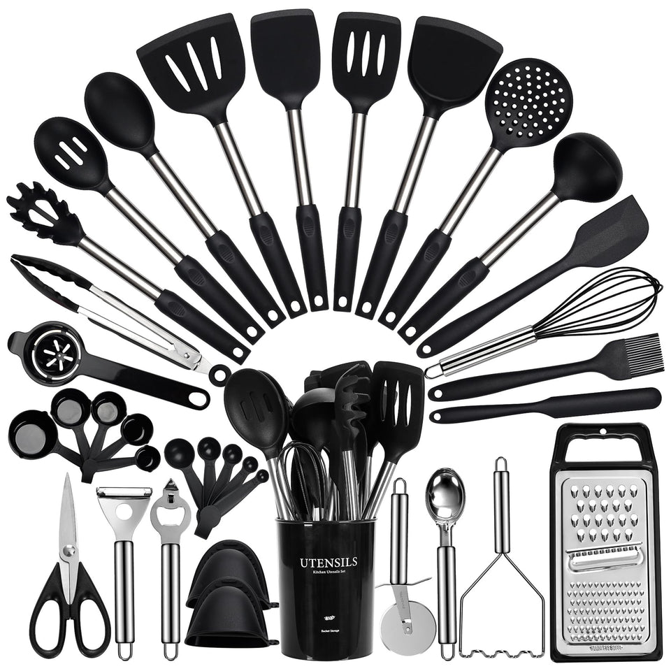 Fyvva 35pc silicone utensils set for versatile cooking on non-stick pans.