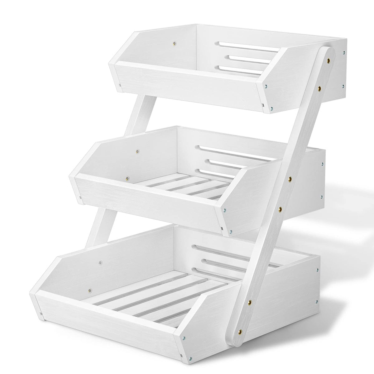 G.a HOMEFAVOR three-tier white fruit basket, front view, organized counter display.