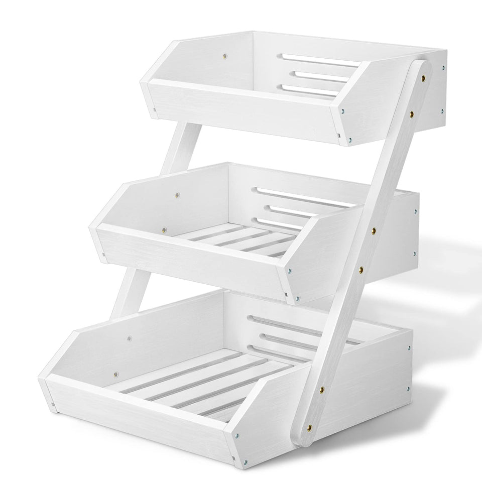 G.a HOMEFAVOR three-tier white fruit basket, front view, organized counter display.