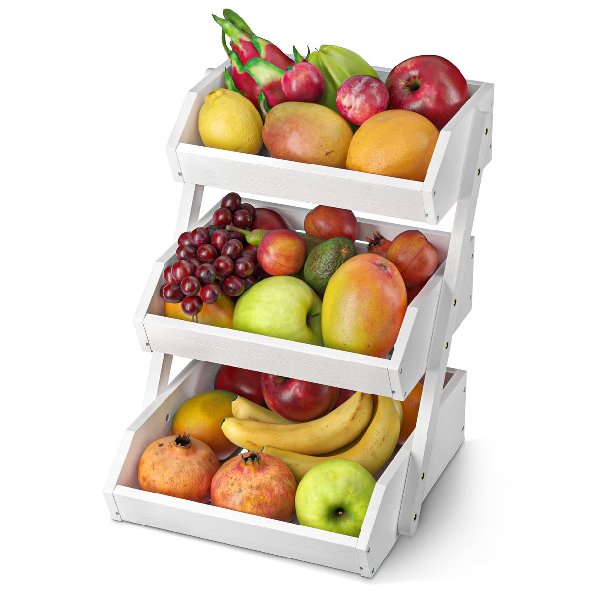 G.a HOMEFAVOR three-tier white fruit basket, side view, sturdy kitchen storage.