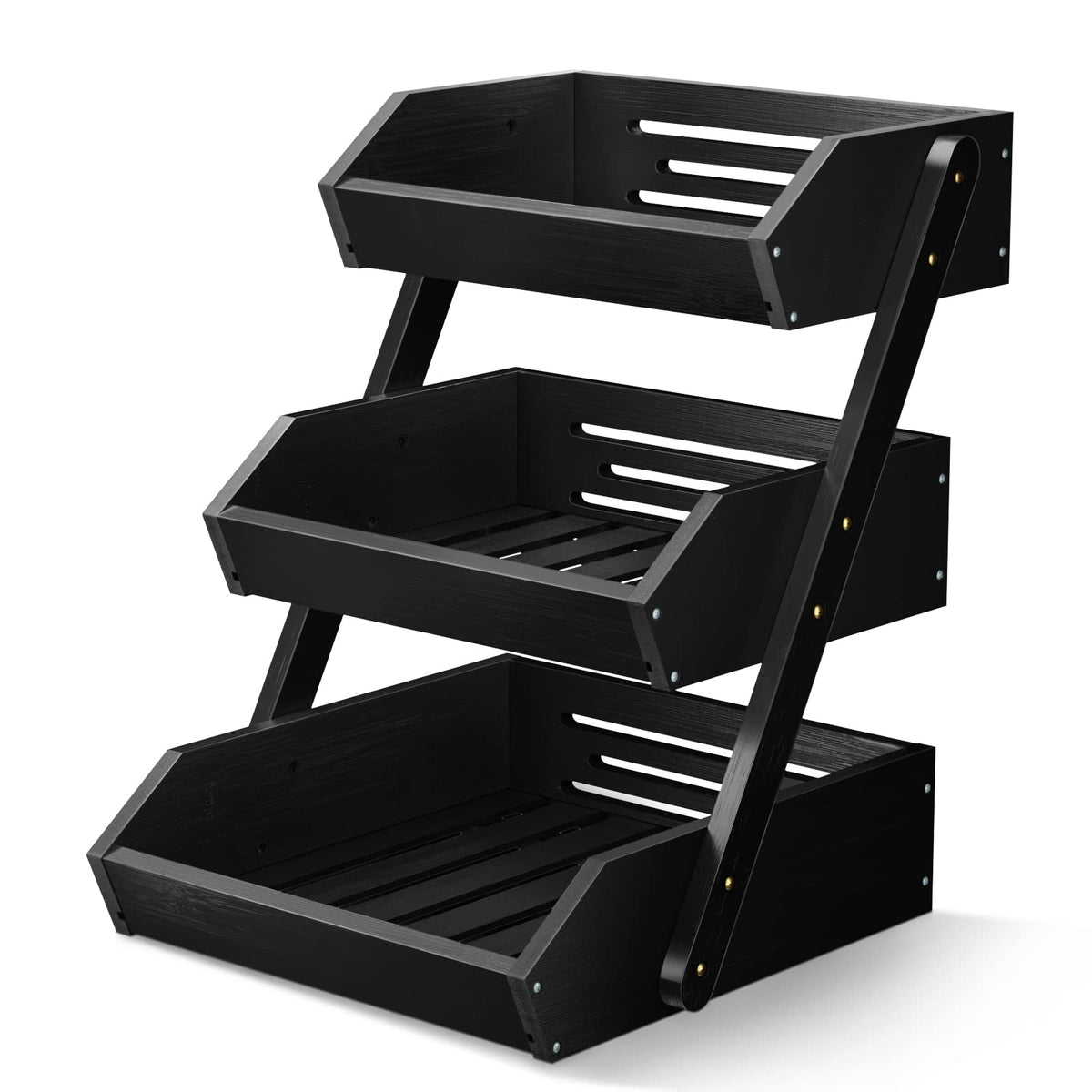 GA HOMEFAVOR 3-tier bamboo fruit basket on counter, keeps fruits organized and accessible.