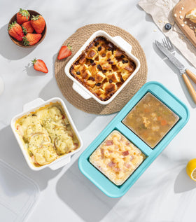 Gacoree dish with easy-grip handles simplifies moving from oven to counter.
