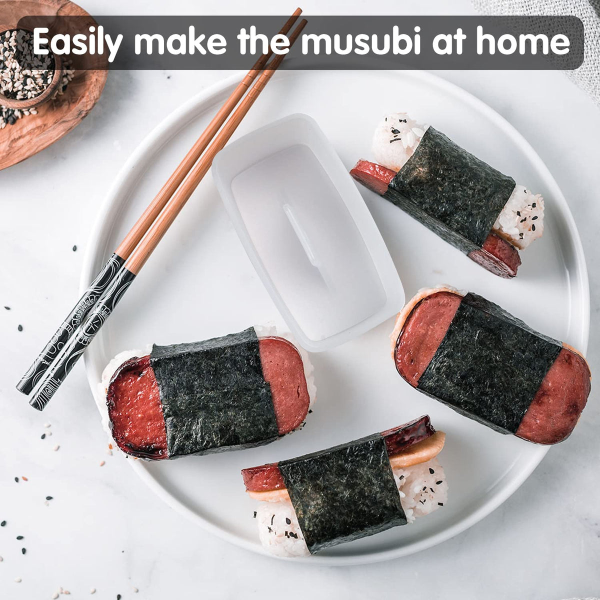 Gadget Beyond Spam Musubi mold in use shaping rice and Spam