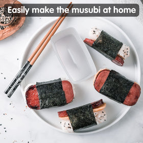 Gadget Beyond Spam Musubi mold in use shaping rice and Spam