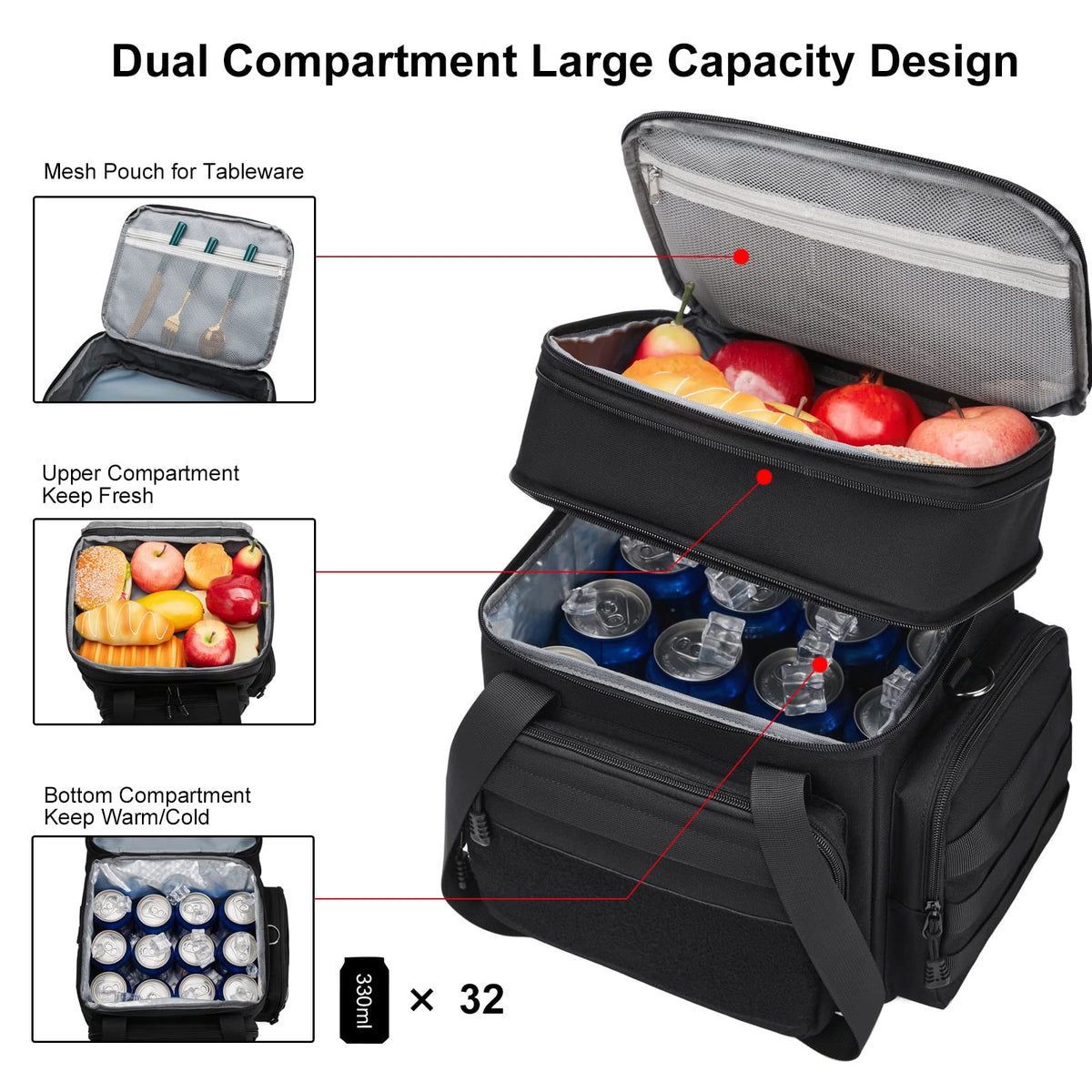 Gafetrey insulated lunch bag with dual compartments for hot and cold foods