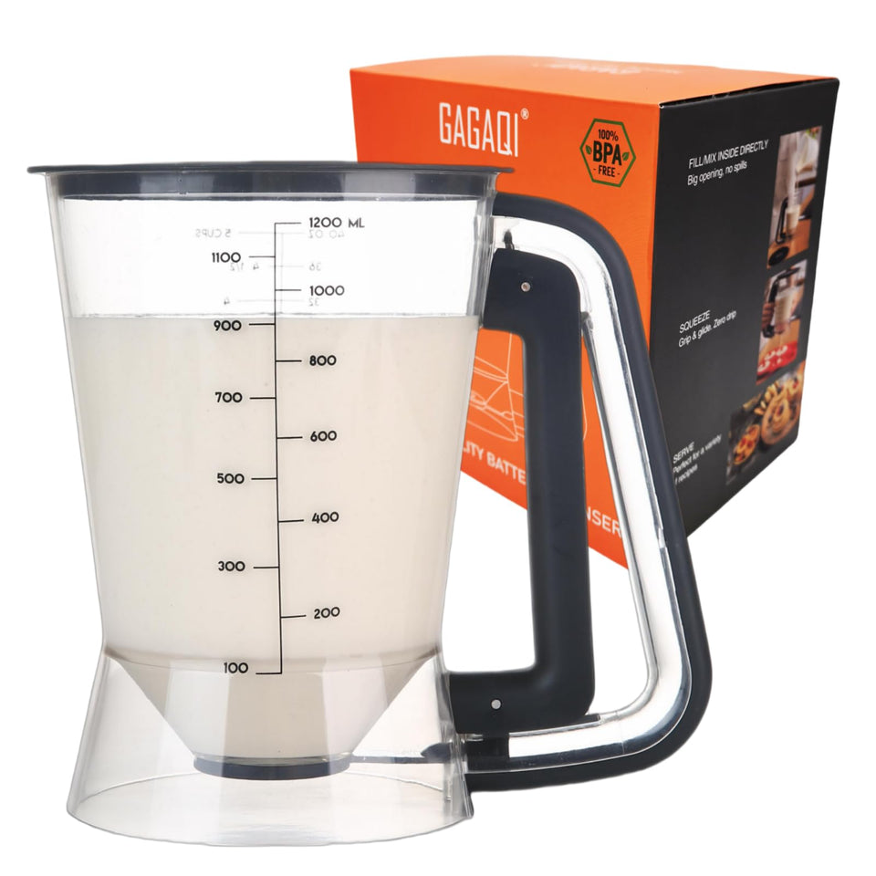 GagaQi pancake batter dispenser 5-cup for easy pancake pouring at family breakfasts.
