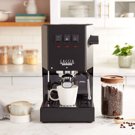 Gaggia Classic Evo Pro side view highlighting compact footprint for small kitchens.