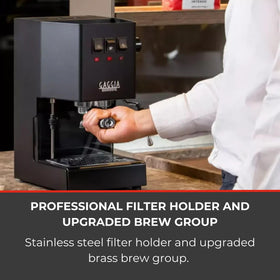 Gaggia Classic Evo Pro steam wand texturing milk for café-worthy latte art.