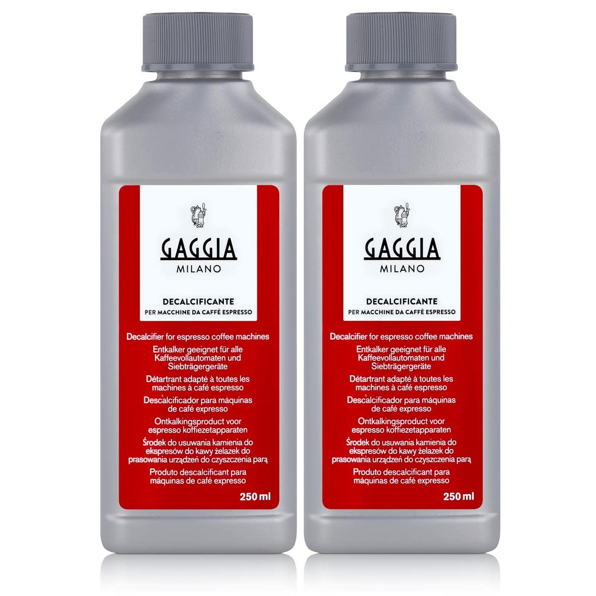 Gaggia decalcifier bottle for descaling espresso machines and preserving performance.