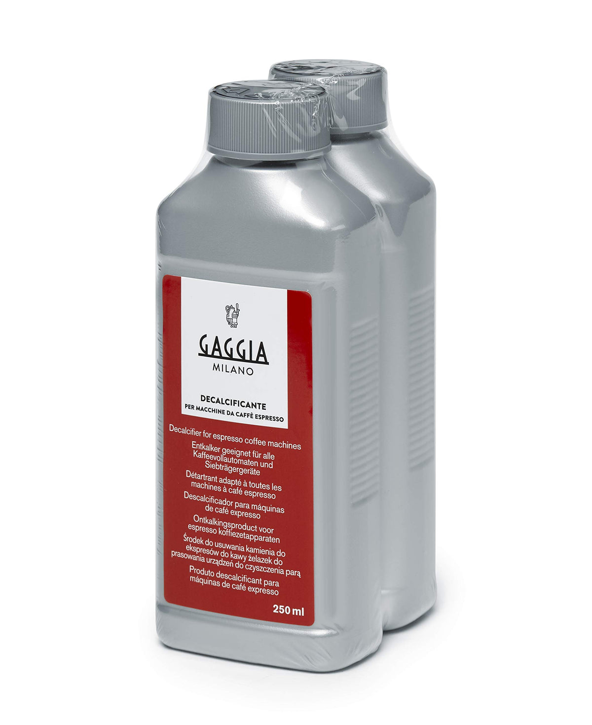 Gaggia descaler pack of 2 bottles (250ml each) for safe limescale removal and dependable machine performance.