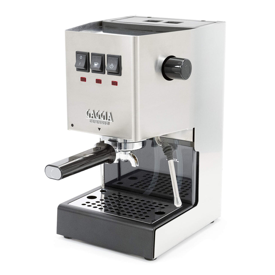 Gaggia RI9380/46 E24 espresso machine in brushed steel, ready for cafe-quality shots at home.