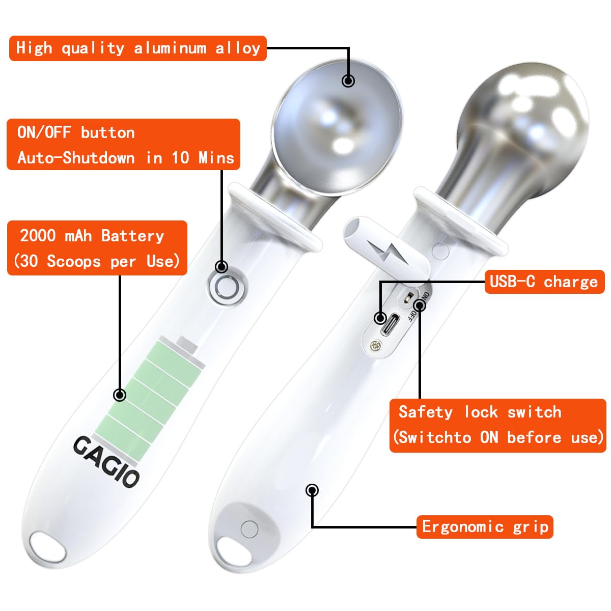 GAGIO ergonomic handle provides a comfortable grip during scooping
