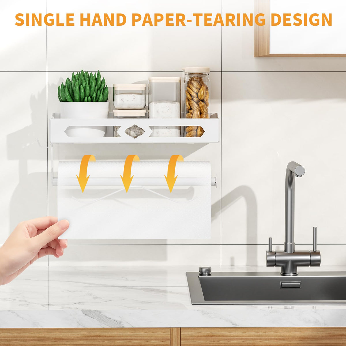GAGUIUP integrated shelf stores spices, toiletries, or plants, freeing counter space.