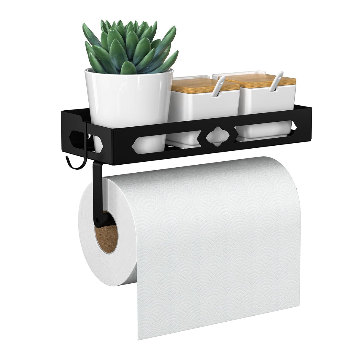 GAGUIUP wall-mount towel holder with shelf keeps towels within reach for kitchen use.