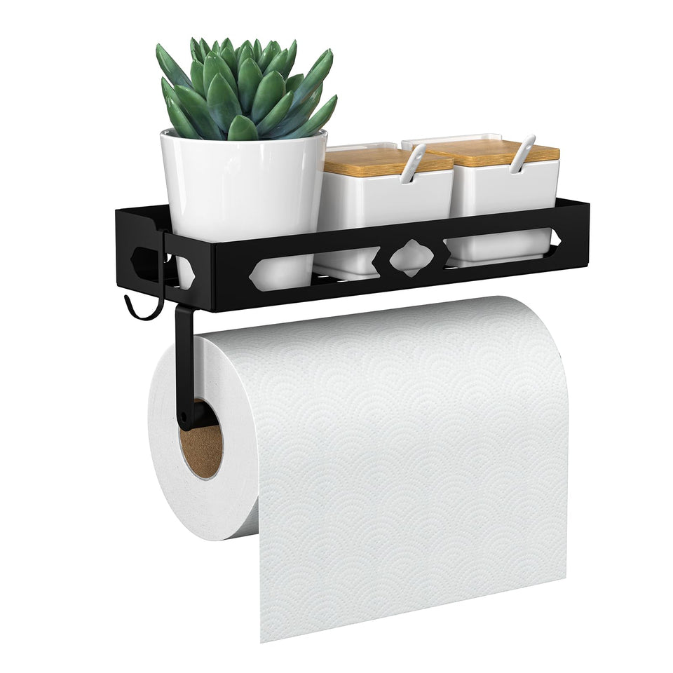 GAGUIUP wall-mount towel holder with shelf keeps towels within reach for kitchen use.