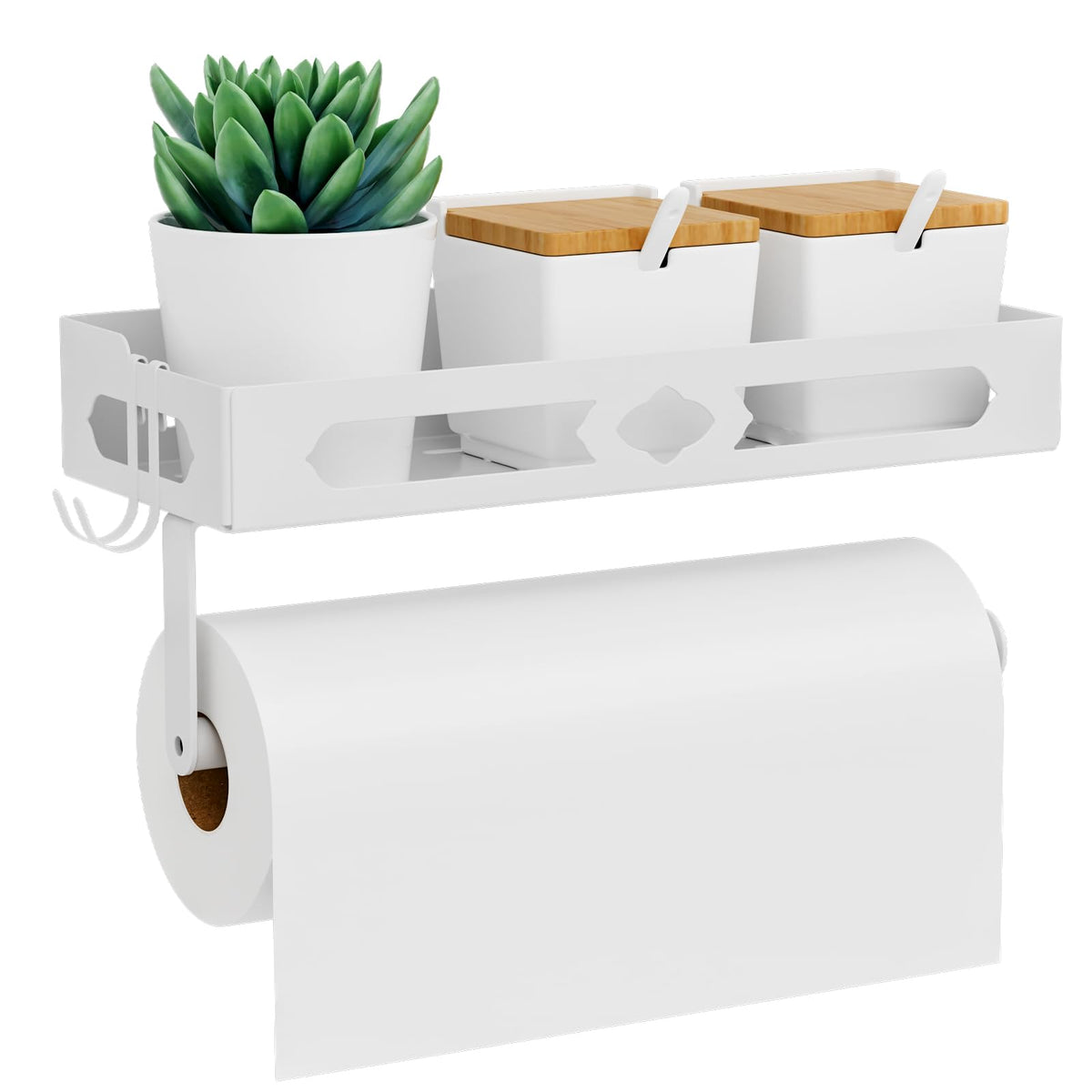 GAGUIUP white paper towel holder wall mount with shelf, ideal for clutter-free countertops.