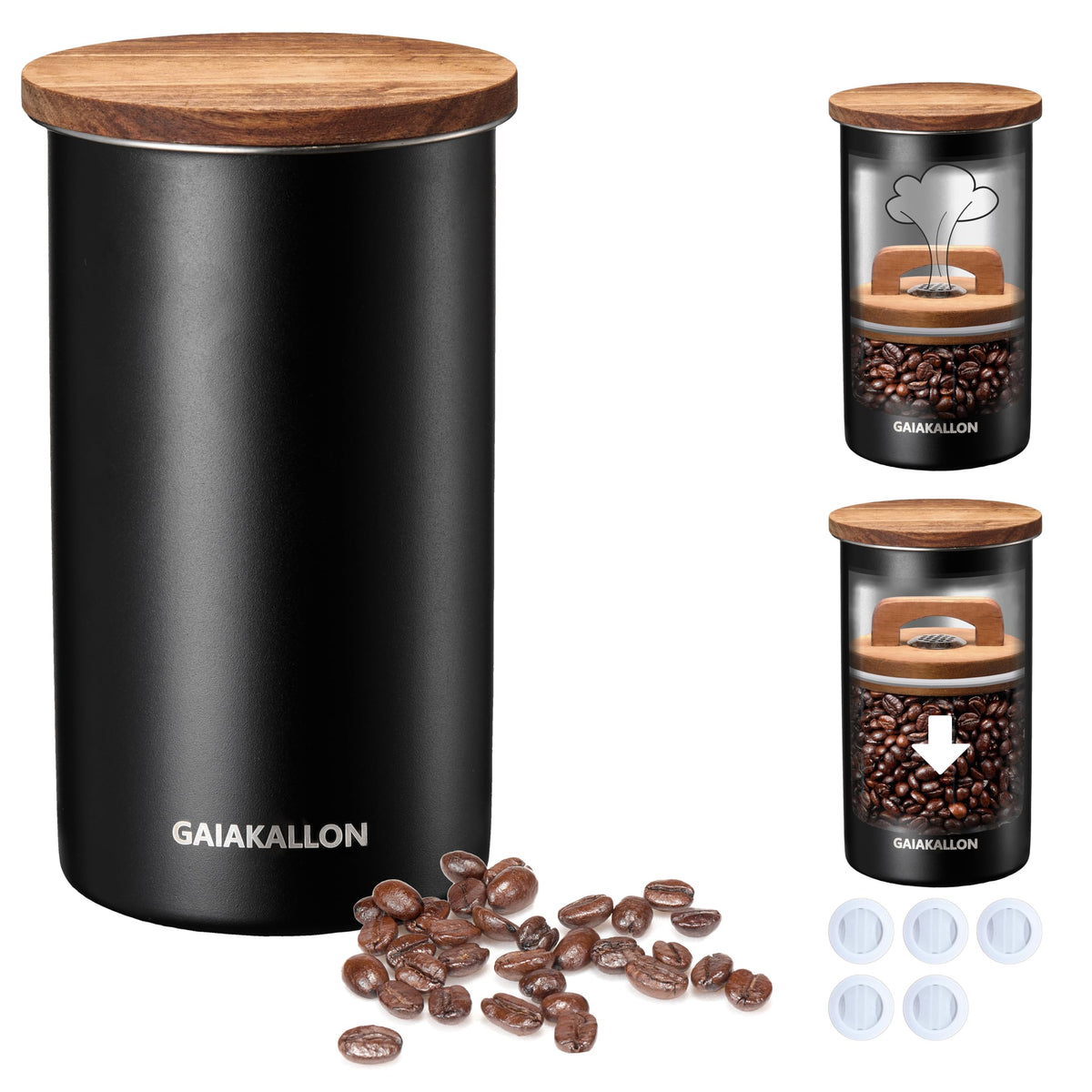 GAIAKALLON vacuum coffee canister close-up metal finish preserves aroma.