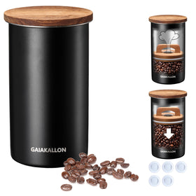 GAIAKALLON vacuum coffee canister close-up metal finish preserves aroma.
