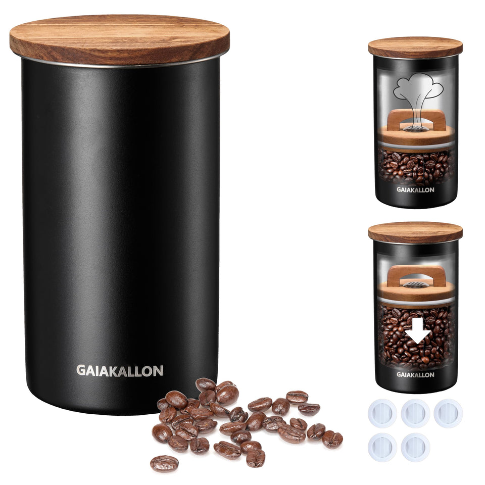 GAIAKALLON vacuum coffee canister close-up metal finish preserves aroma.