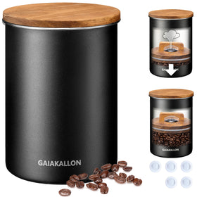 GAIAKALLON vacuum coffee canister exterior shows sturdy stainless steel and walnut lid for long-lasting aroma.