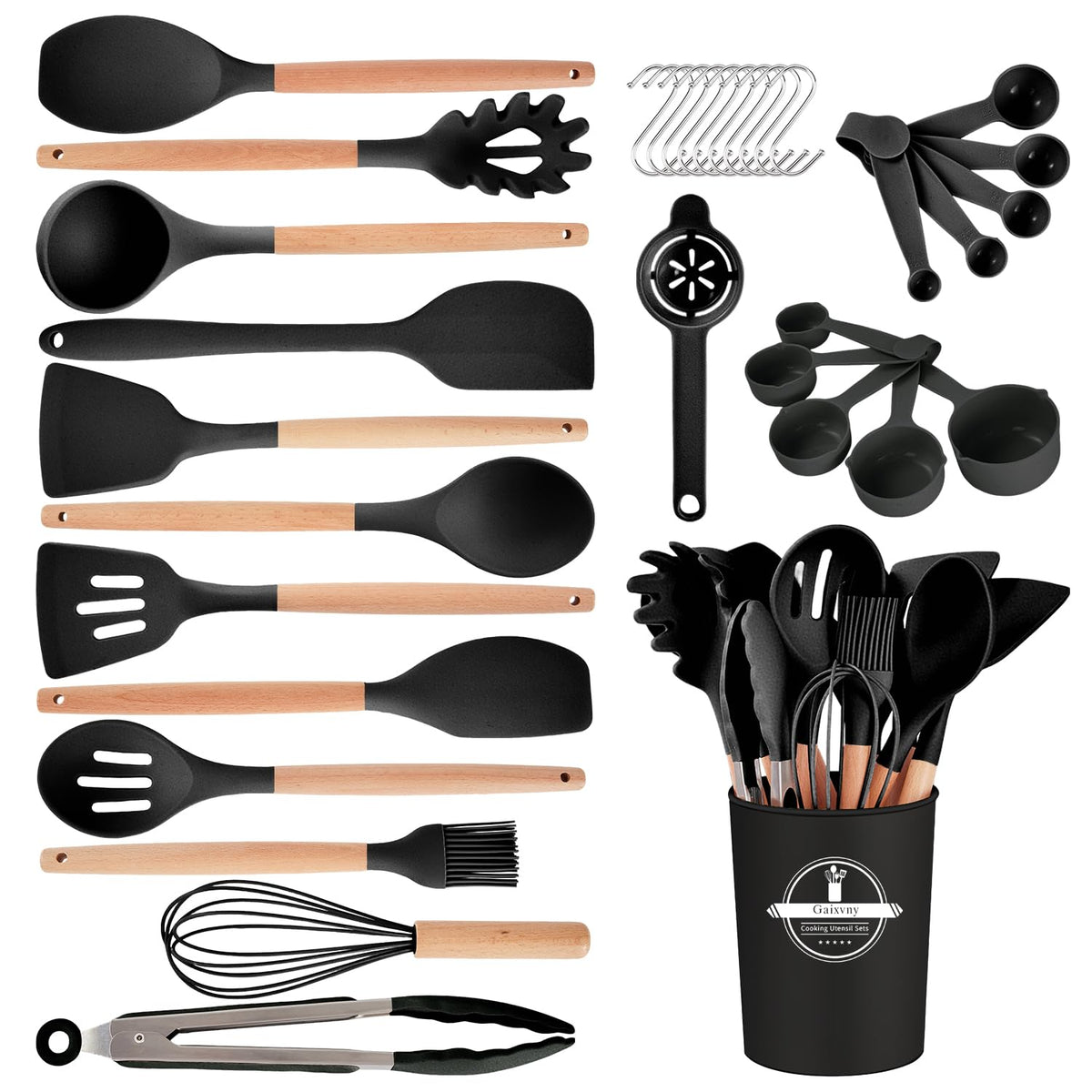 Gaixvny 34pc utensil set in holder, organized for easy reach on nonstick cookware.