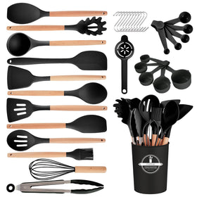Gaixvny 34pc utensil set in holder, organized for easy reach on nonstick cookware.