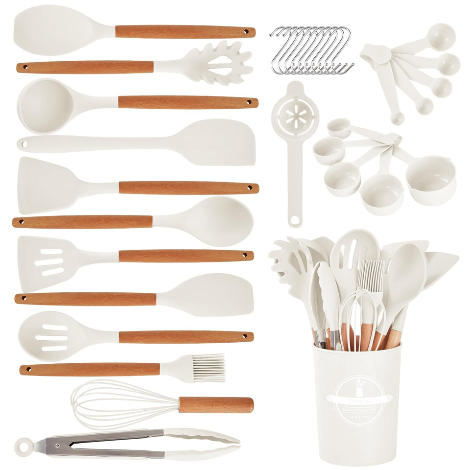 Gaixvny 34-piece utensils set in cream white holder for organized cooking.