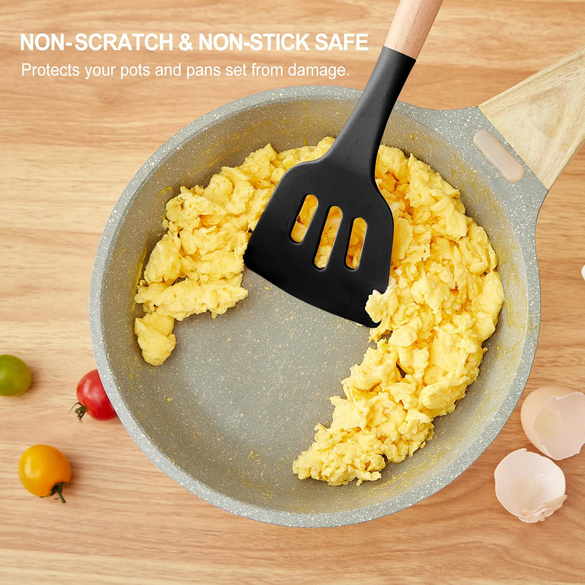 Gaixvny wooden-handle spoon offering cool, ergonomic grip during cooking.