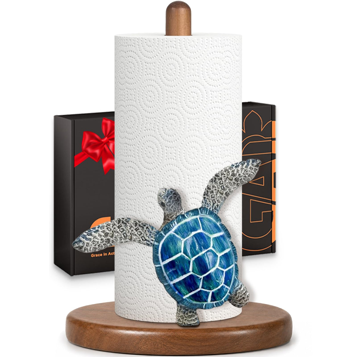 GAJ blue turtle paper towel holder on natural wood base for coastal kitchen decor.