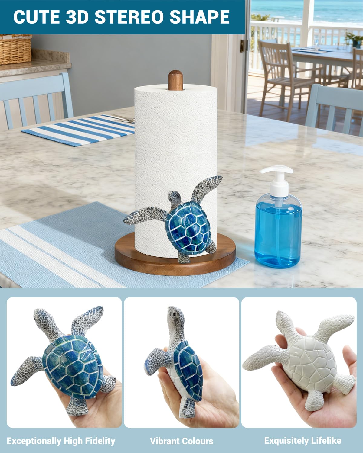 GAJ natural wood stand with colorful turtle accent adds tactile coastal charm.