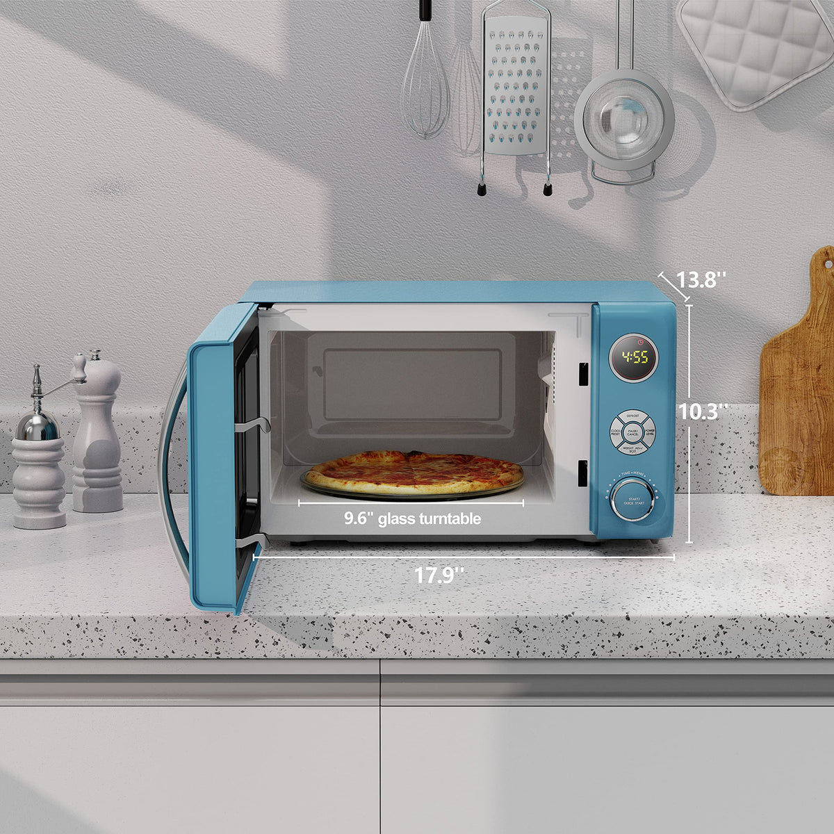 Galanz GLCMKA07BER-07 retro microwave control panel highlights 6 power levels for flexible cooking