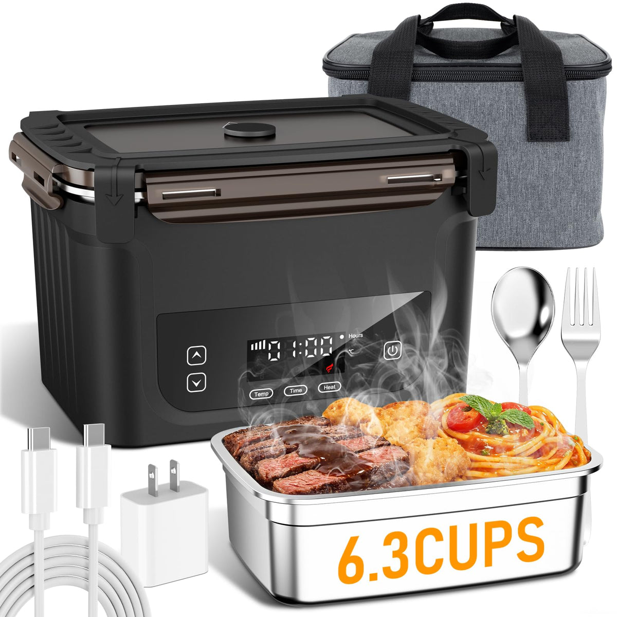 GALOKEO cordless lunch box open lid showing easy access to hot meals