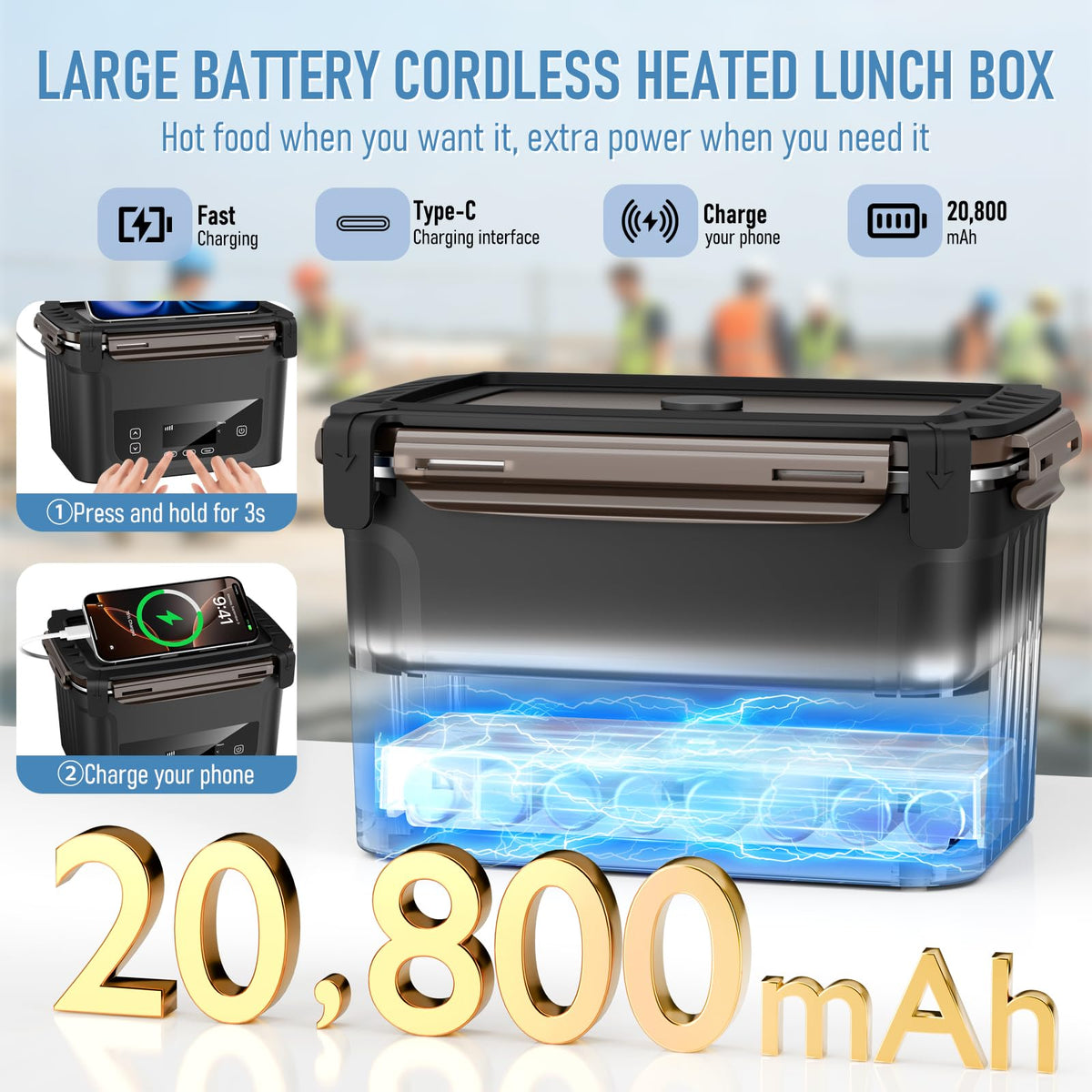 GALOKEO cordless lunchbox front heat panel highlights built-in reheating capability.