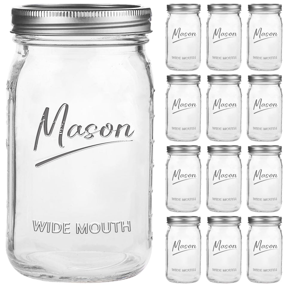 Galssmagic mason jar 32oz with wide mouth and airtight lid, ideal for canning and meal prep.