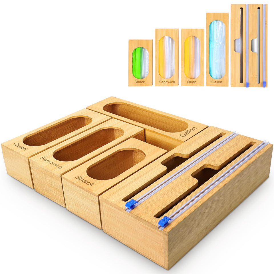 Gamtik bamboo bag organizer and wrap dispenser keeps your kitchen drawer neat.