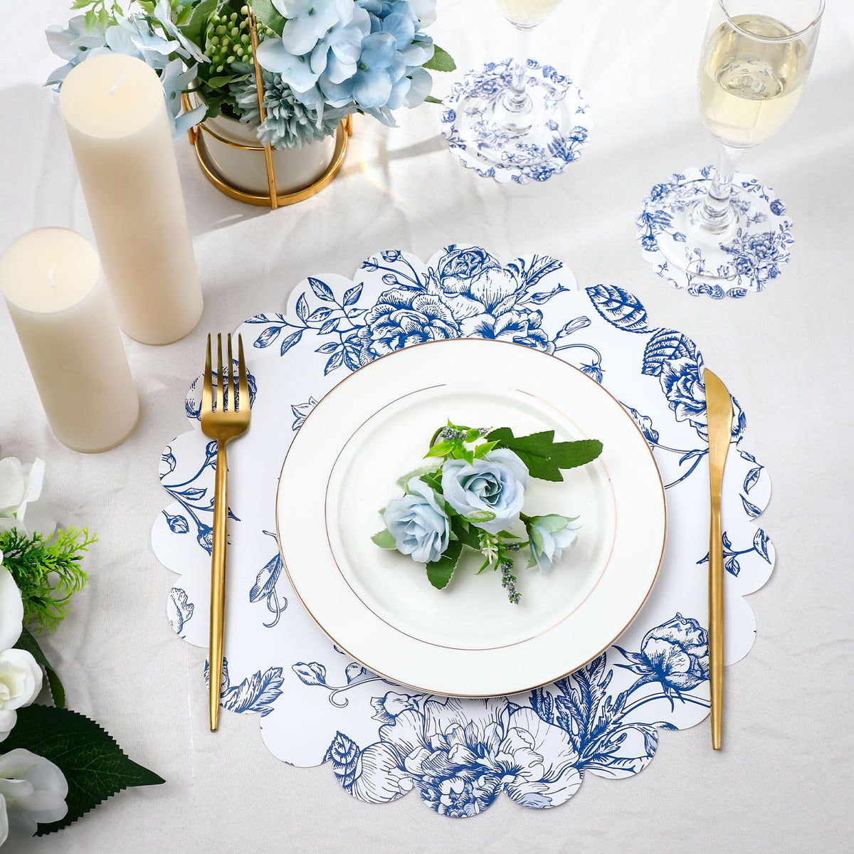 Gandeer blue floral coasters protect surfaces during beverages.