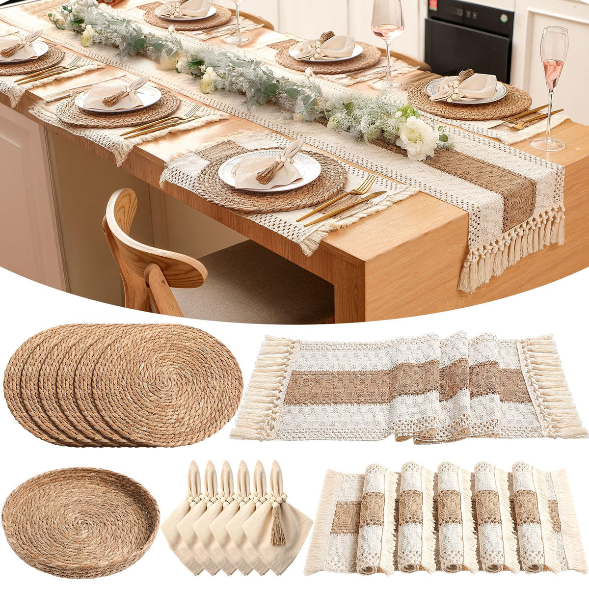 Gandeer rectangular boho placemats add rustic texture and surface protection.