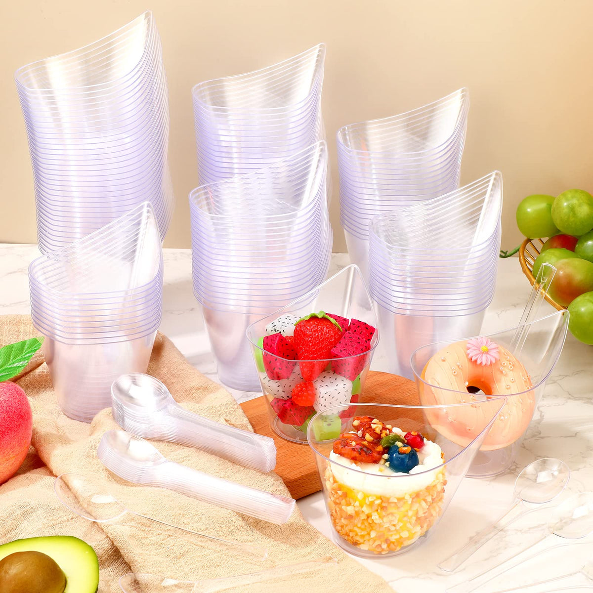Gandeer cups and spoons close-up highlighting clear, durable plastic.